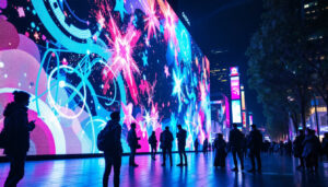 A photograph of a vibrant led display in an urban setting at night