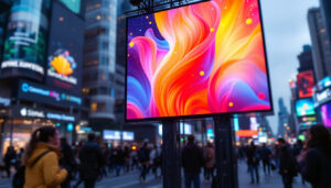 A photograph of a vibrant outdoor led screen displaying dynamic visuals in a bustling urban setting