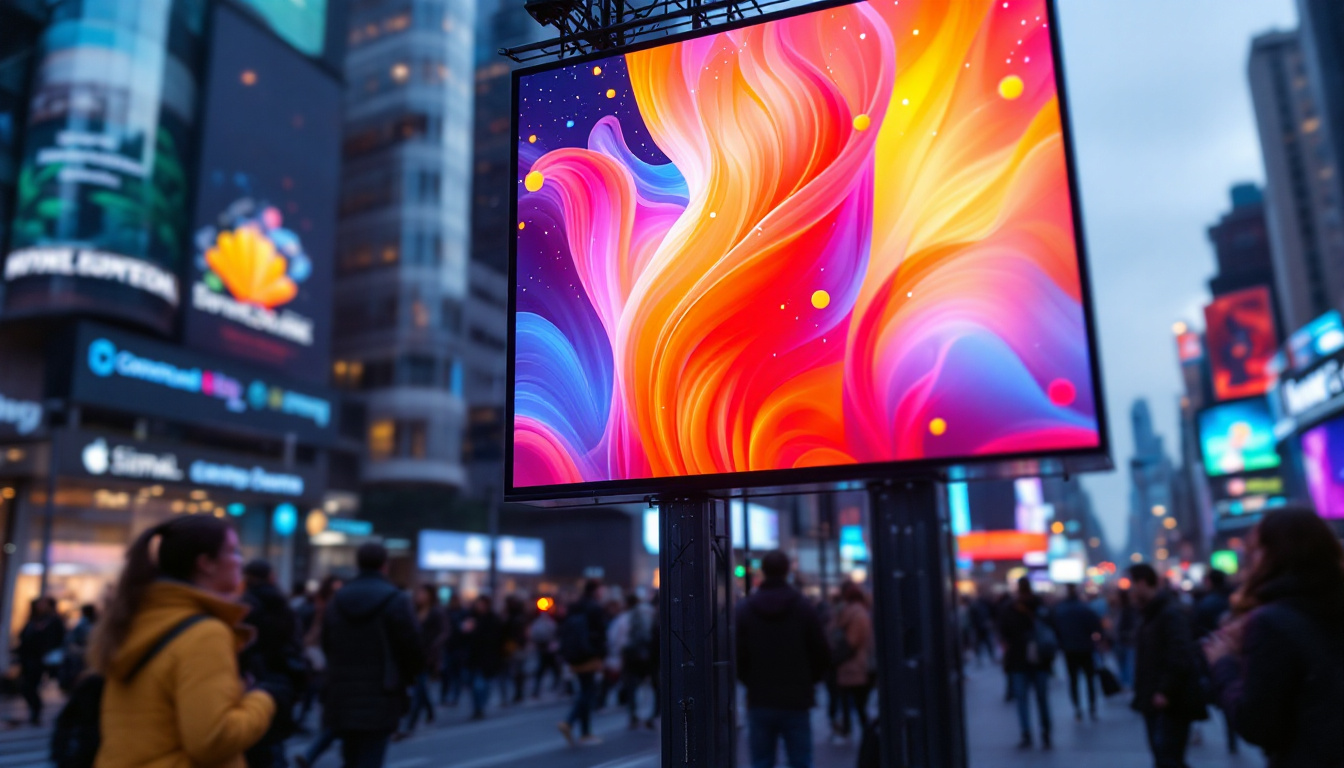 A photograph of a vibrant outdoor led screen displaying dynamic visuals in a bustling urban setting