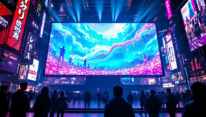 A photograph of a vibrant led display in a dynamic urban setting