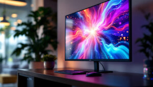 A photograph of a vibrant led display monitor showcasing dynamic visuals