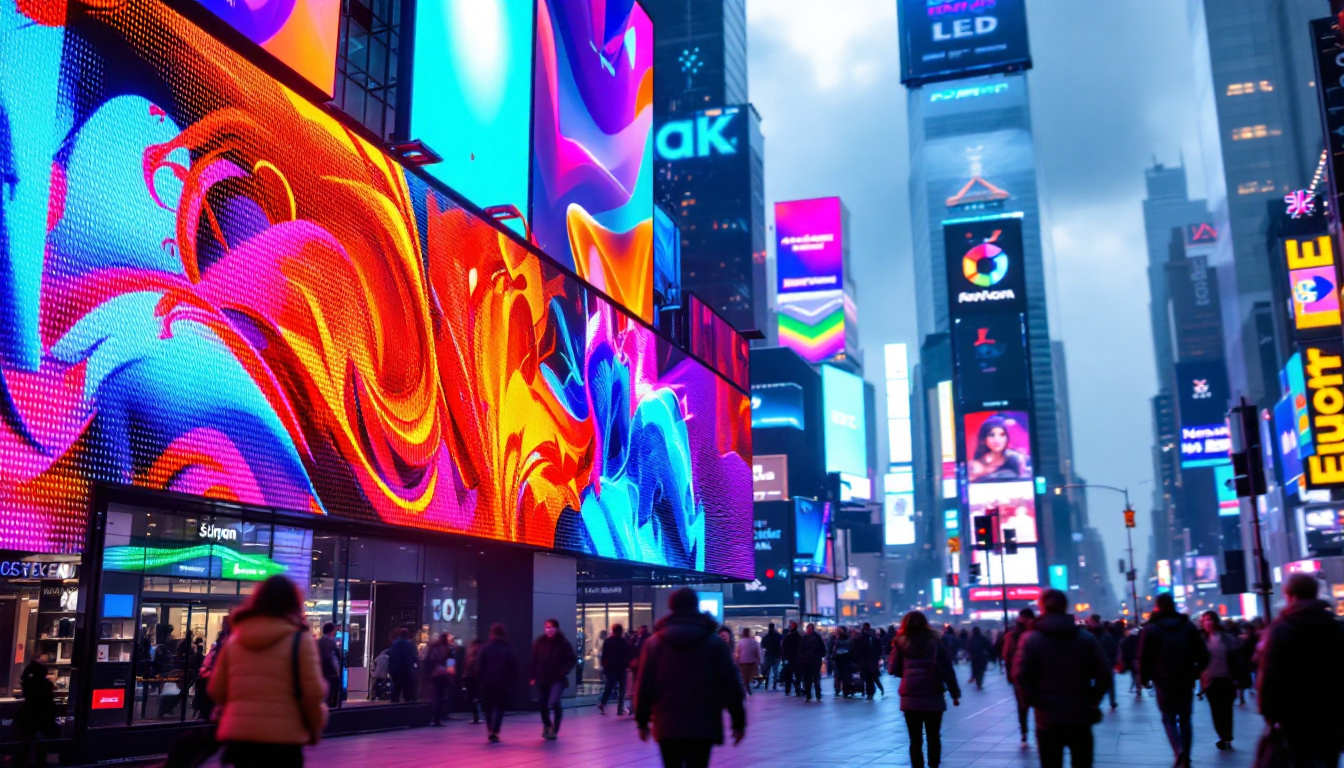 A photograph of a vibrant led display in a bustling urban environment