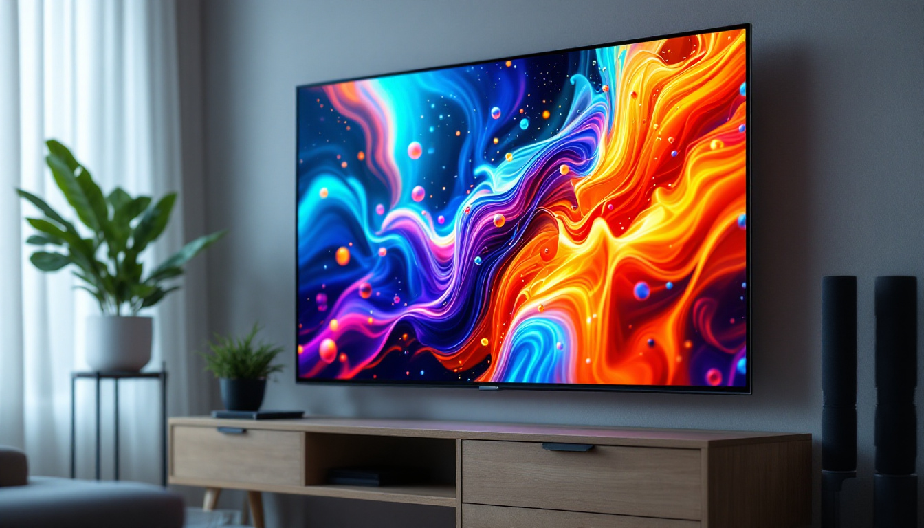 A photograph of a modern led tv panel displaying vibrant colors and sharp images