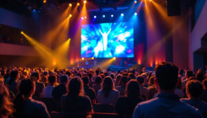 A photograph of a vibrant church interior featuring a large led video wall displaying dynamic visuals or worship content