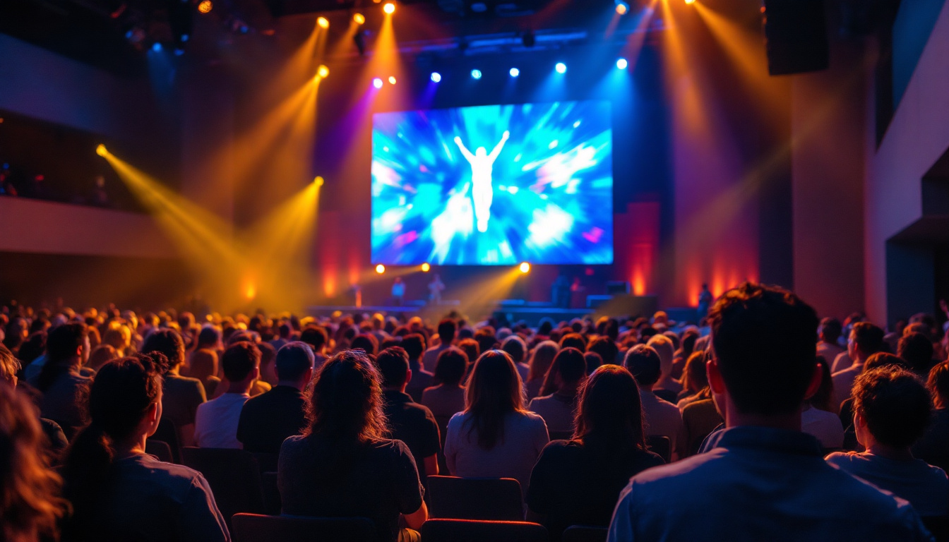 A photograph of a vibrant church interior featuring a large led video wall displaying dynamic visuals or worship content