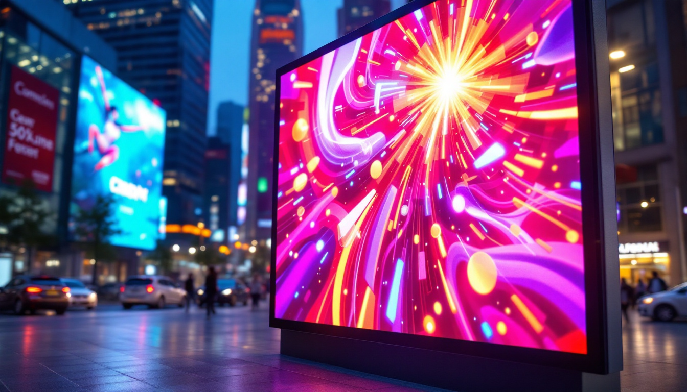 A photograph of a vibrant outdoor led advertising screen displaying dynamic