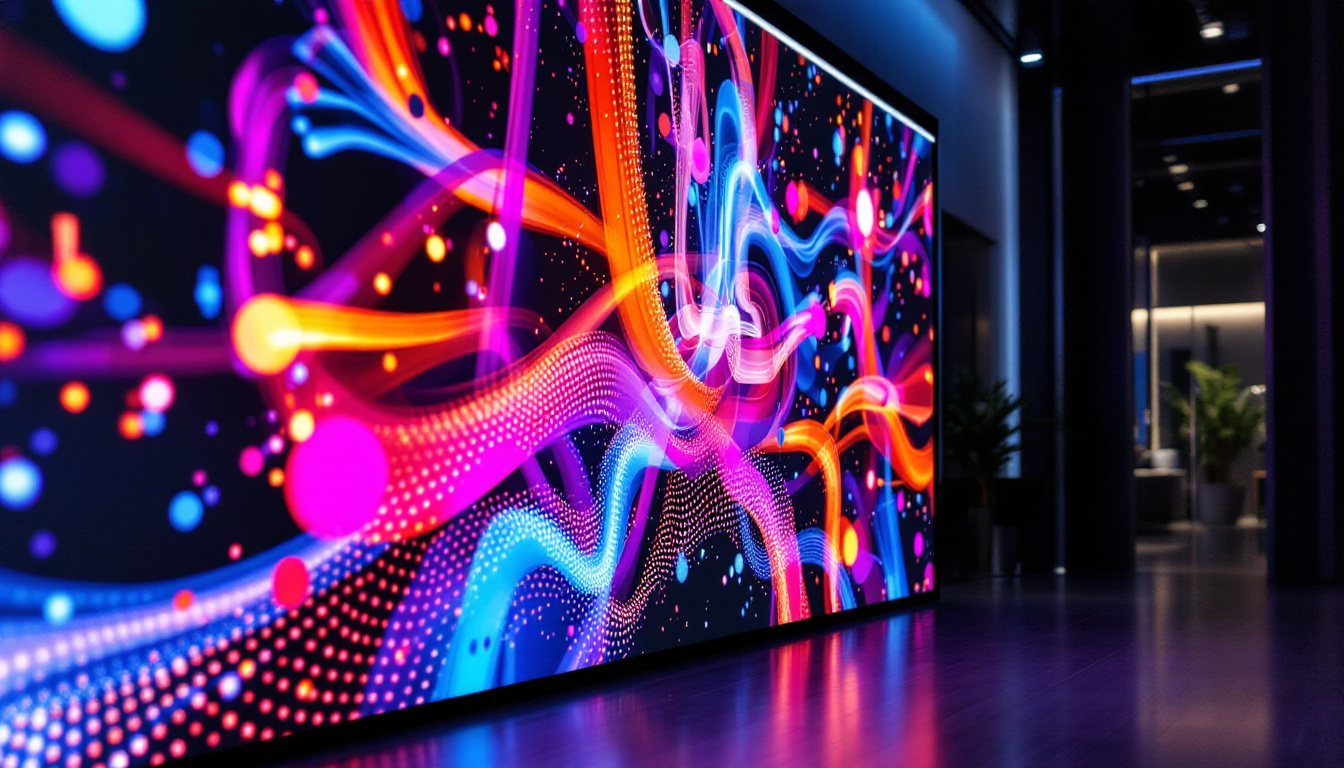 A photograph of a vibrant video wall displaying dynamic led visuals in a modern setting