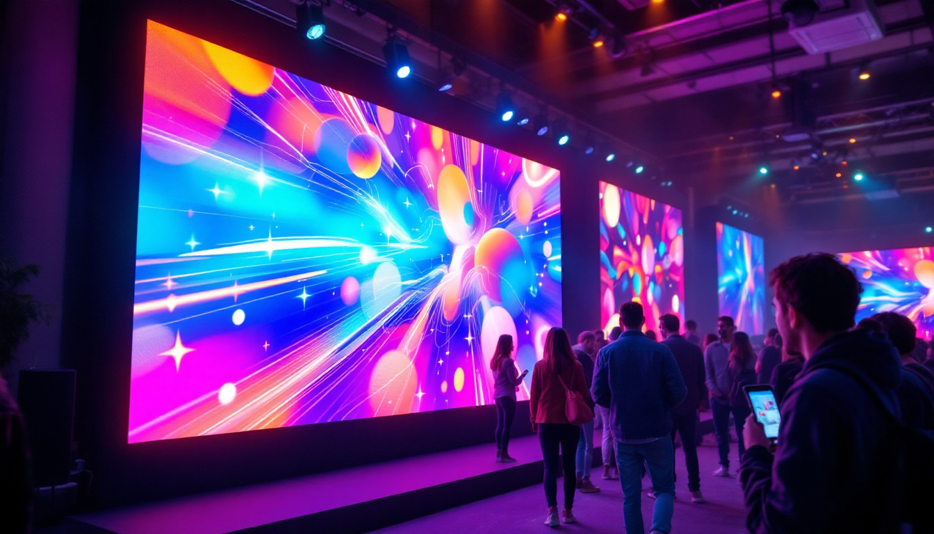 A photograph of a vibrant led screen display in use at a lively event