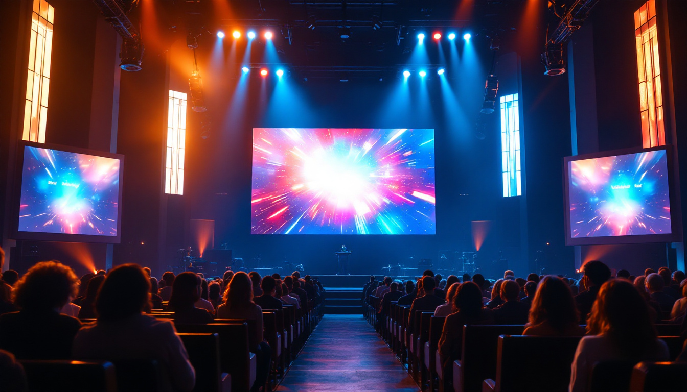 A photograph of a vibrant church interior featuring a large led display screen in action