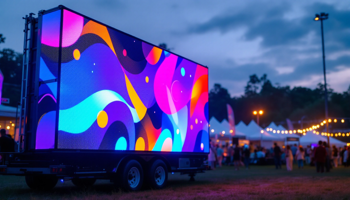 A photograph of a vibrant led trailer screen in action at a lively outdoor event