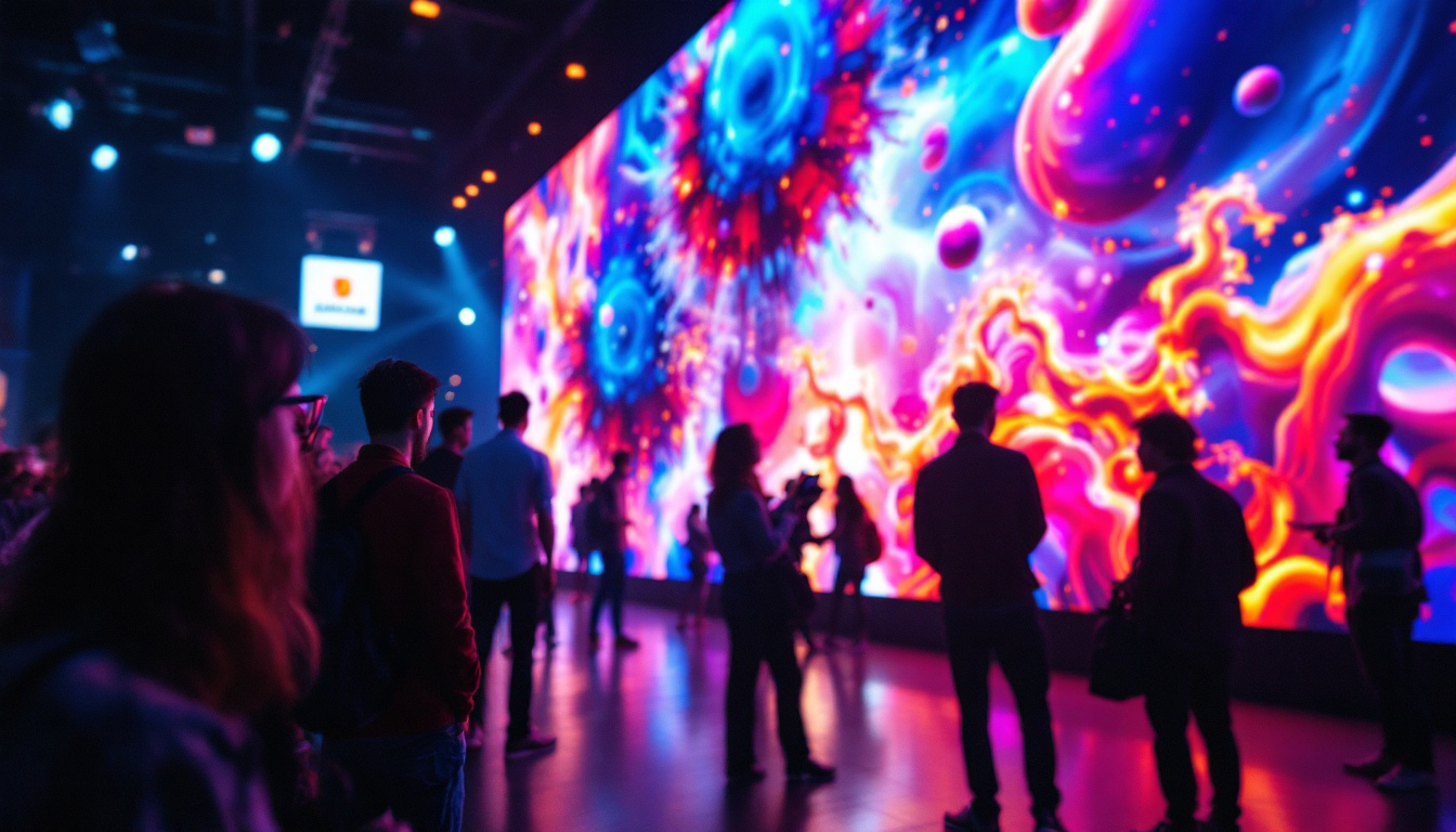 A photograph of a vibrant led film screen displaying dynamic visuals at an event