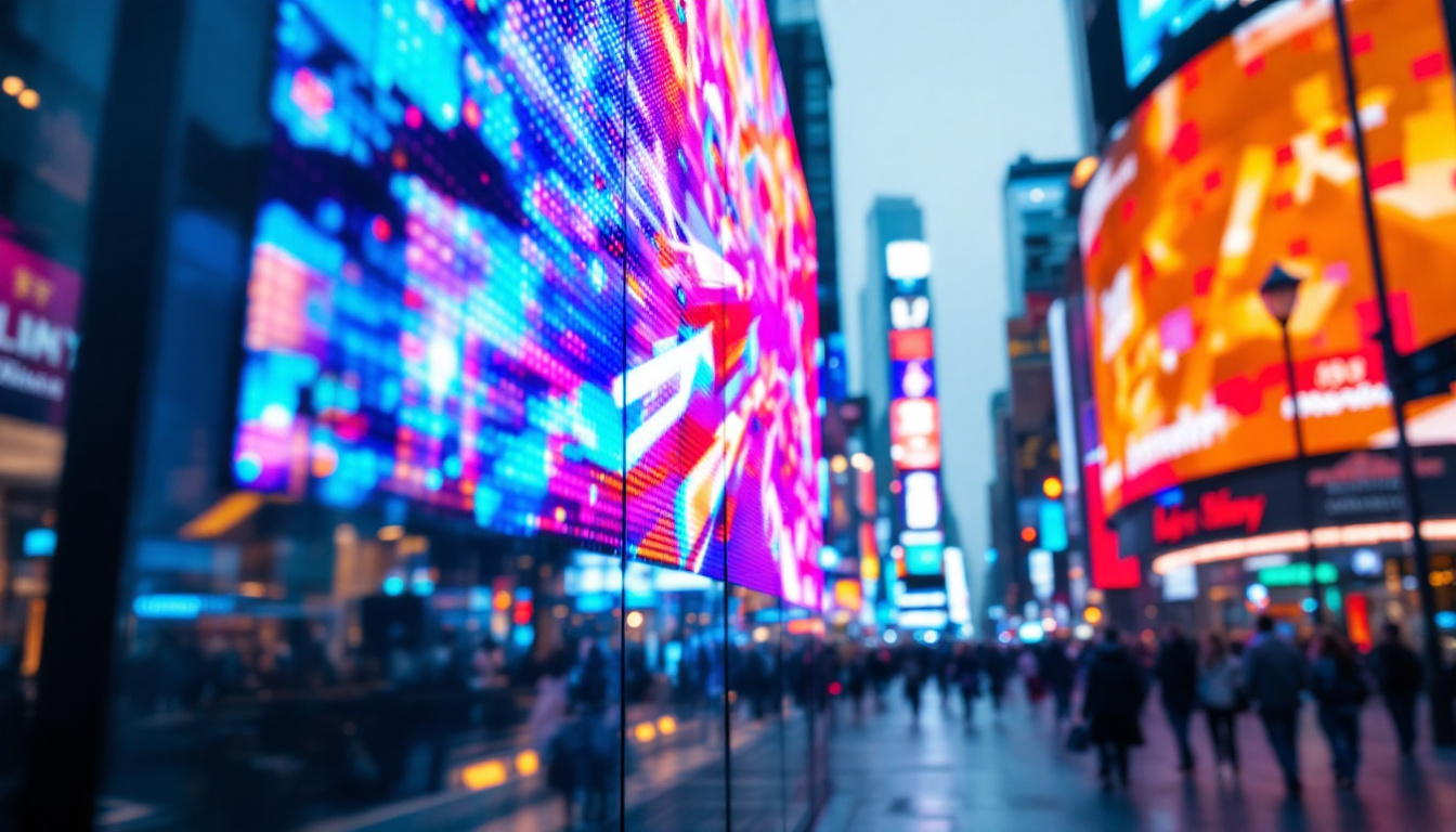 A photograph of capture a photograph of a vibrant led display in a bustling urban setting