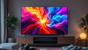A photograph of a vibrant led pixel tv displaying a dynamic