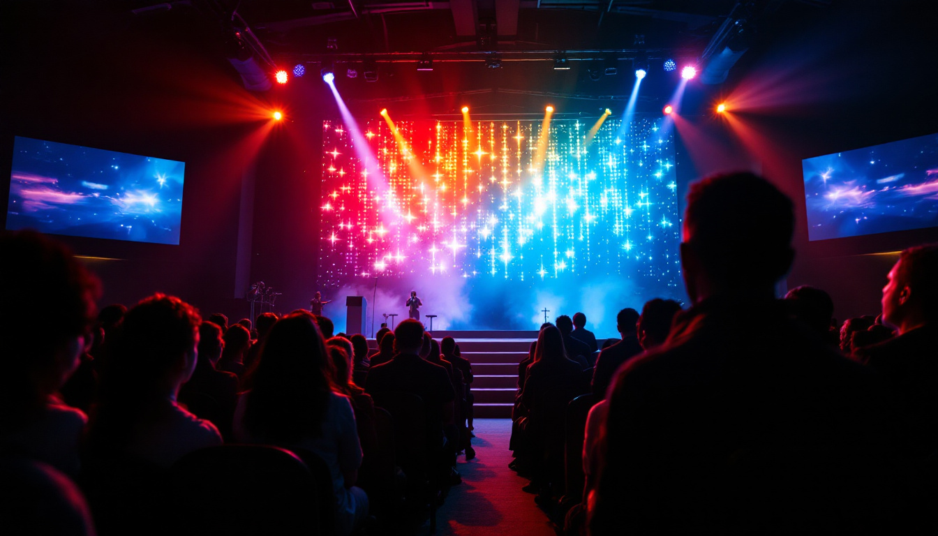 A photograph of capture a photograph of a vibrant led display in a church setting