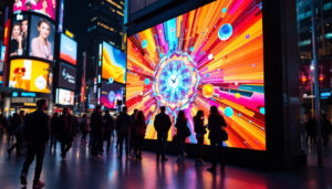 A photograph of a vibrant led display in a bustling urban setting