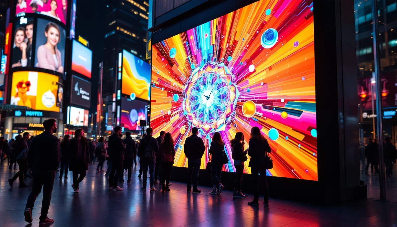 A photograph of a vibrant led display in a bustling urban setting