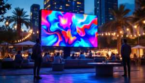 A photograph of a vibrant outdoor setting featuring a large led tv screen displaying vivid visuals
