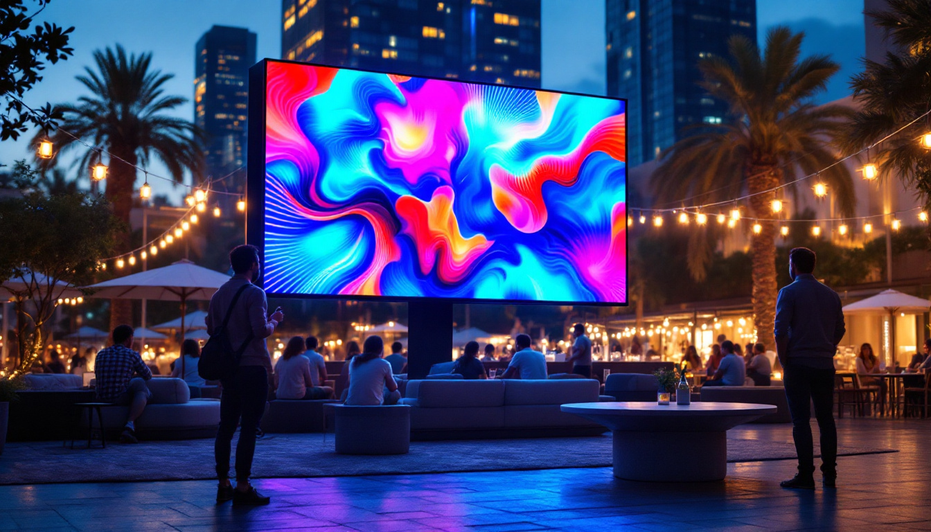 A photograph of a vibrant outdoor setting featuring a large led tv screen displaying vivid visuals