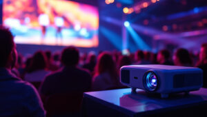 A photograph of a rental projector in use at a vibrant event