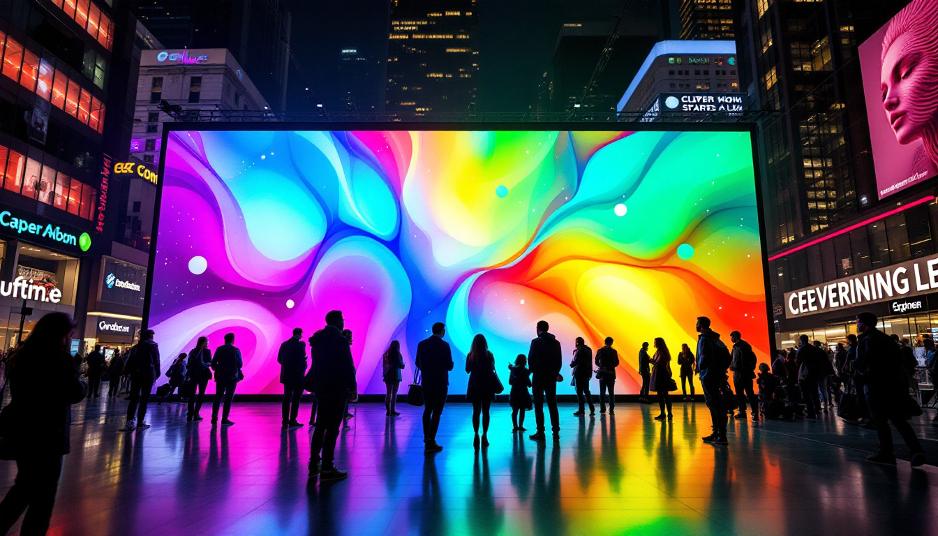 A photograph of a vibrant led display in a bustling urban environment