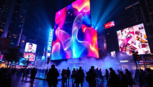 A photograph of a vibrant led display in a bustling urban setting at night
