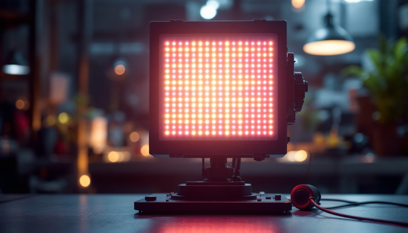 A photograph of a well-lit crank stand featuring a vibrant led display in action