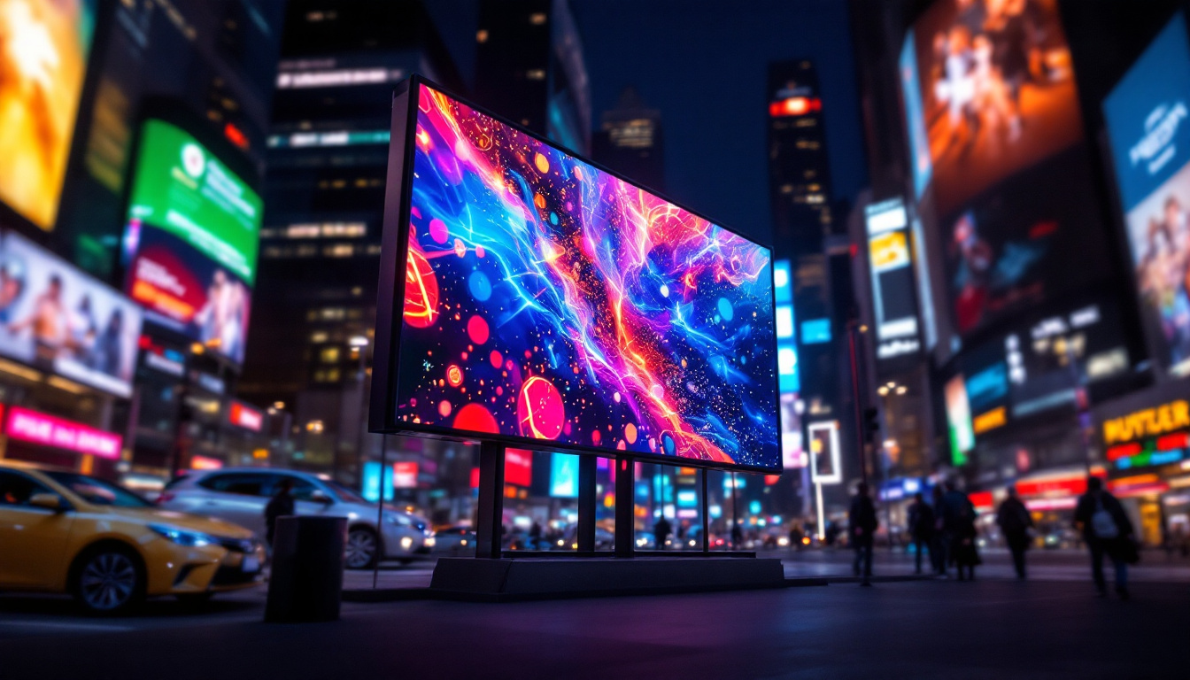 A photograph of a vibrant led display showcasing dynamic visuals in a bustling urban environment