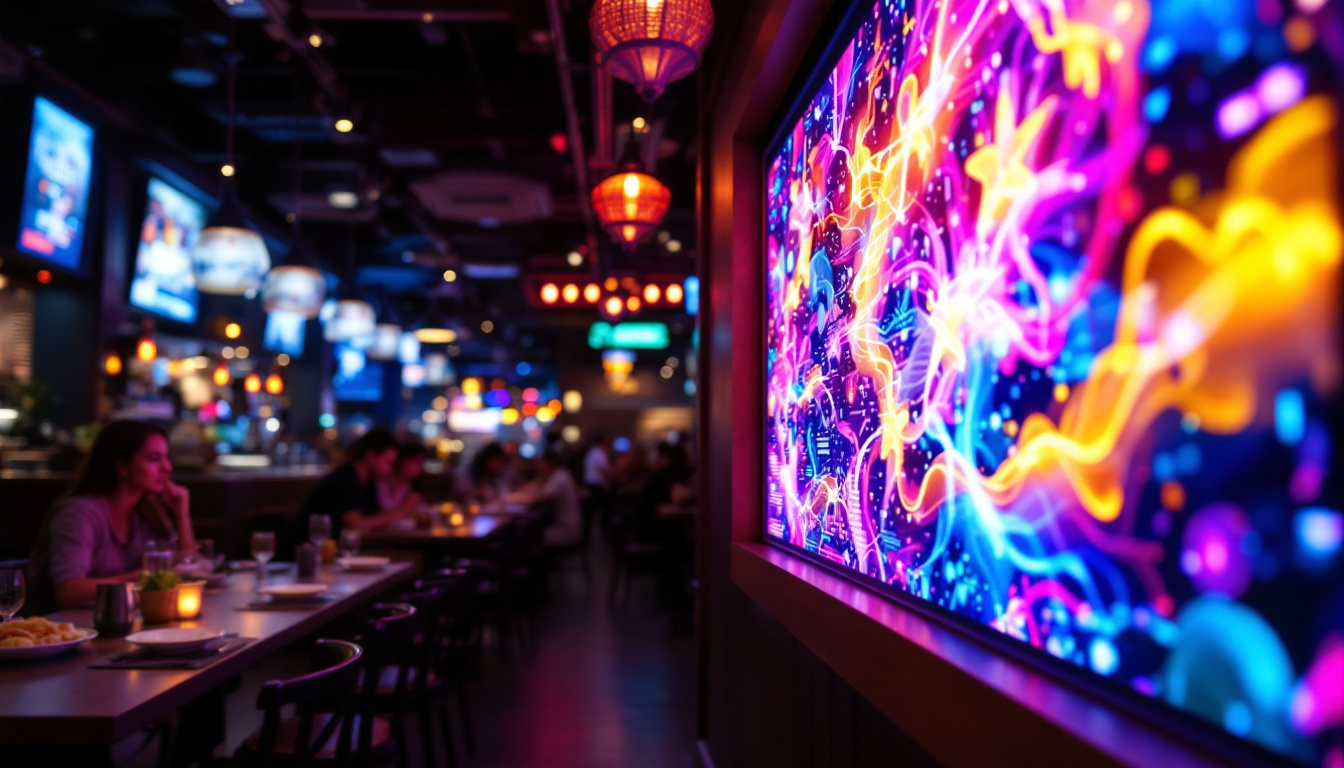 A photograph of a vibrant led display inside a bustling restaurant setting