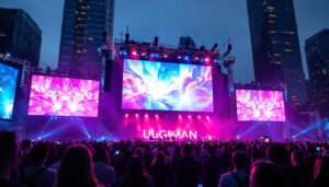 A photograph of a vibrant outdoor event showcasing a large jumbotron led display in action