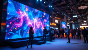 A photograph of a vibrant trade show display featuring an eye-catching led screen