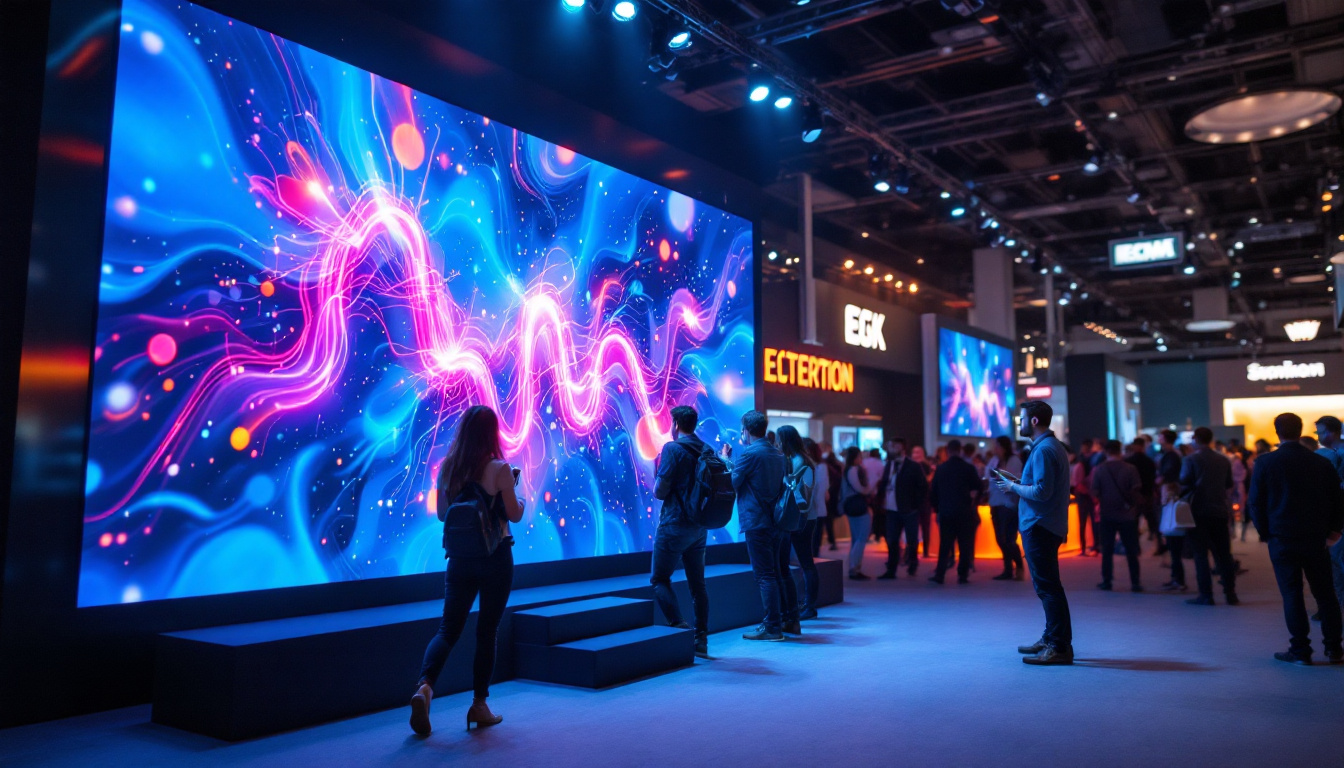 A photograph of a vibrant trade show display featuring an eye-catching led screen