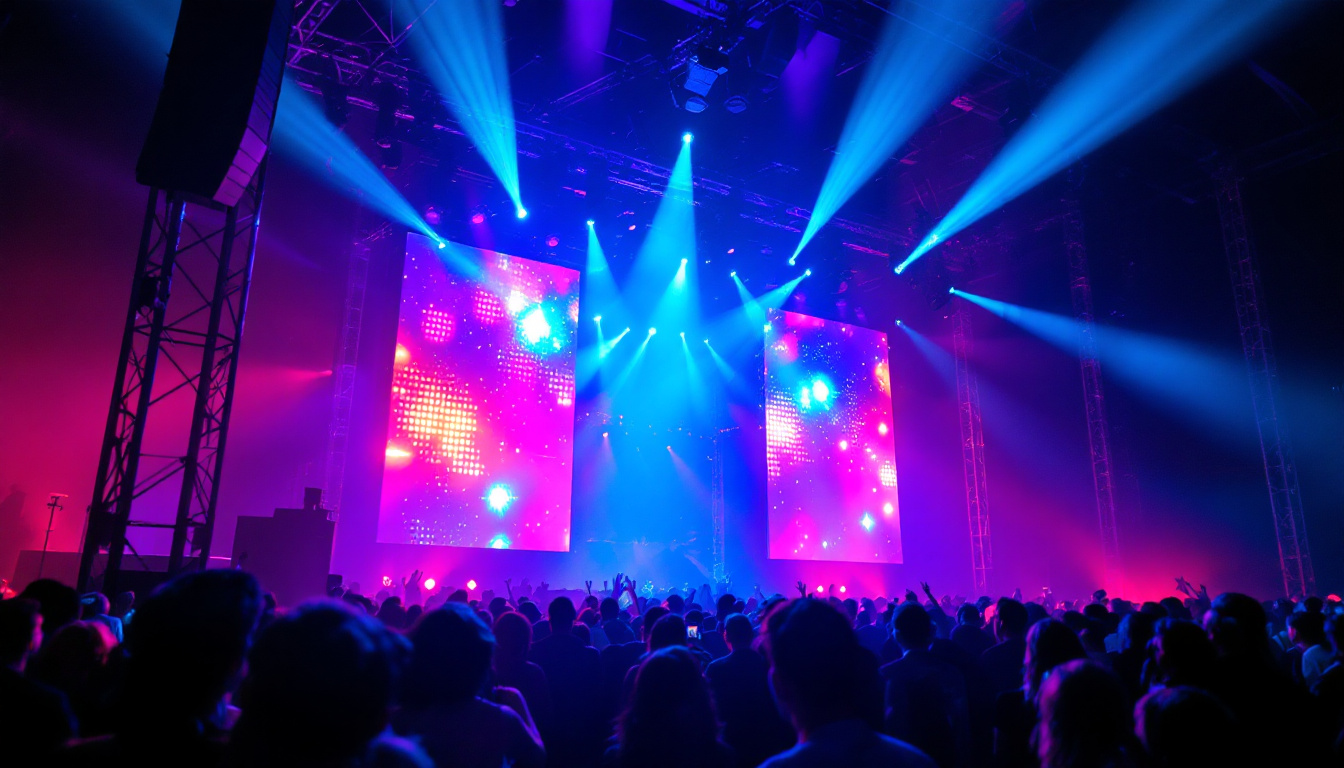 A photograph of a 20-foot truss system showcasing a vibrant led display in an event setting