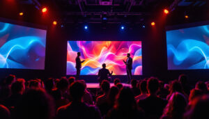A photograph of a dynamic pitch event showcasing an engaging led display in action
