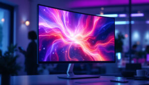 A photograph of a sleek privacy screen monitor in an office setting