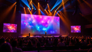 A photograph of a vibrant led display in a church setting