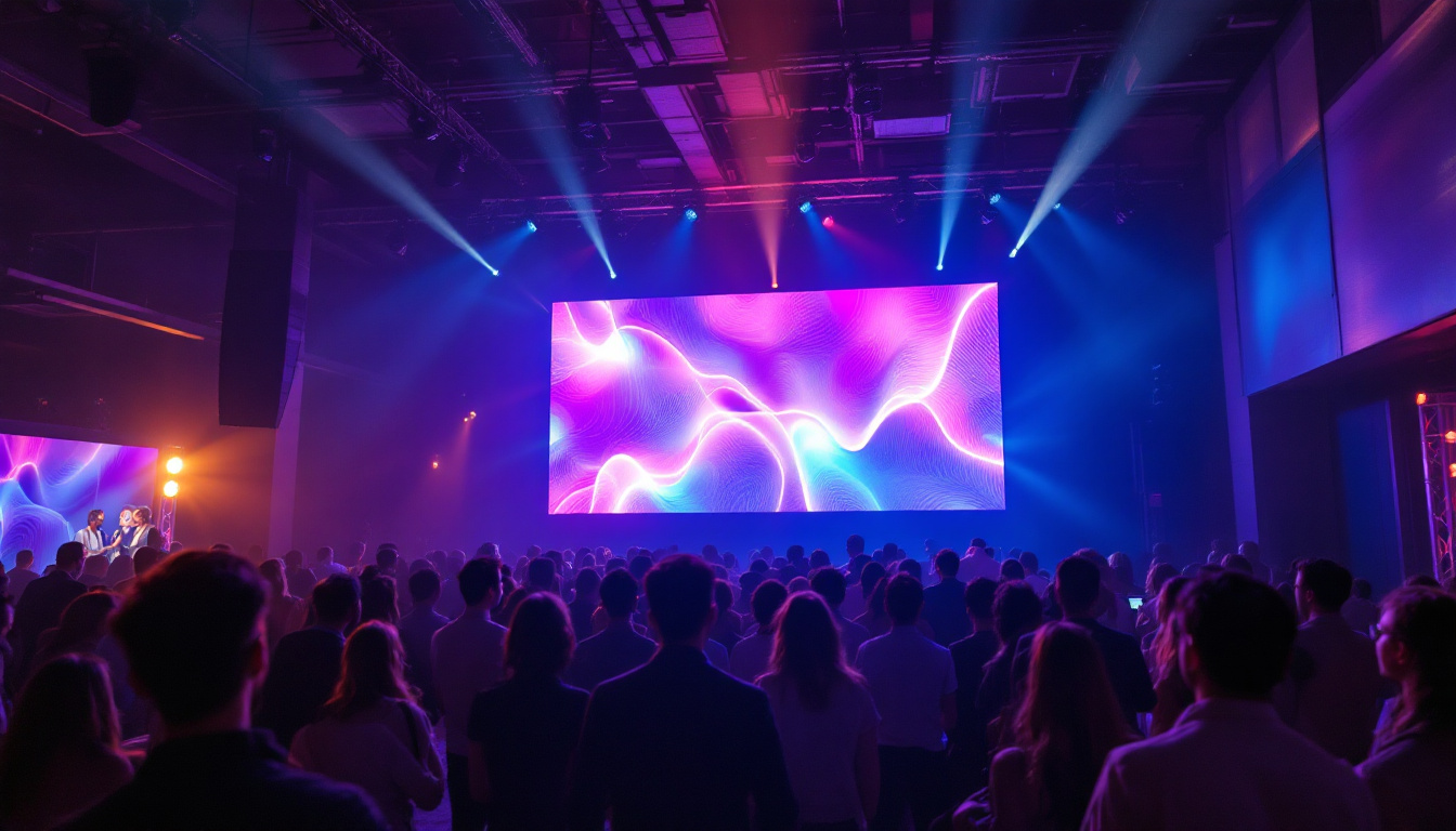 A photograph of a vibrant indoor event featuring a large led screen displaying dynamic visuals