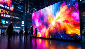 A photograph of a vibrant led display panel in an urban setting