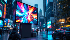 A photograph of a vibrant outdoor led digital billboard displaying dynamic advertisements in a bustling urban setting