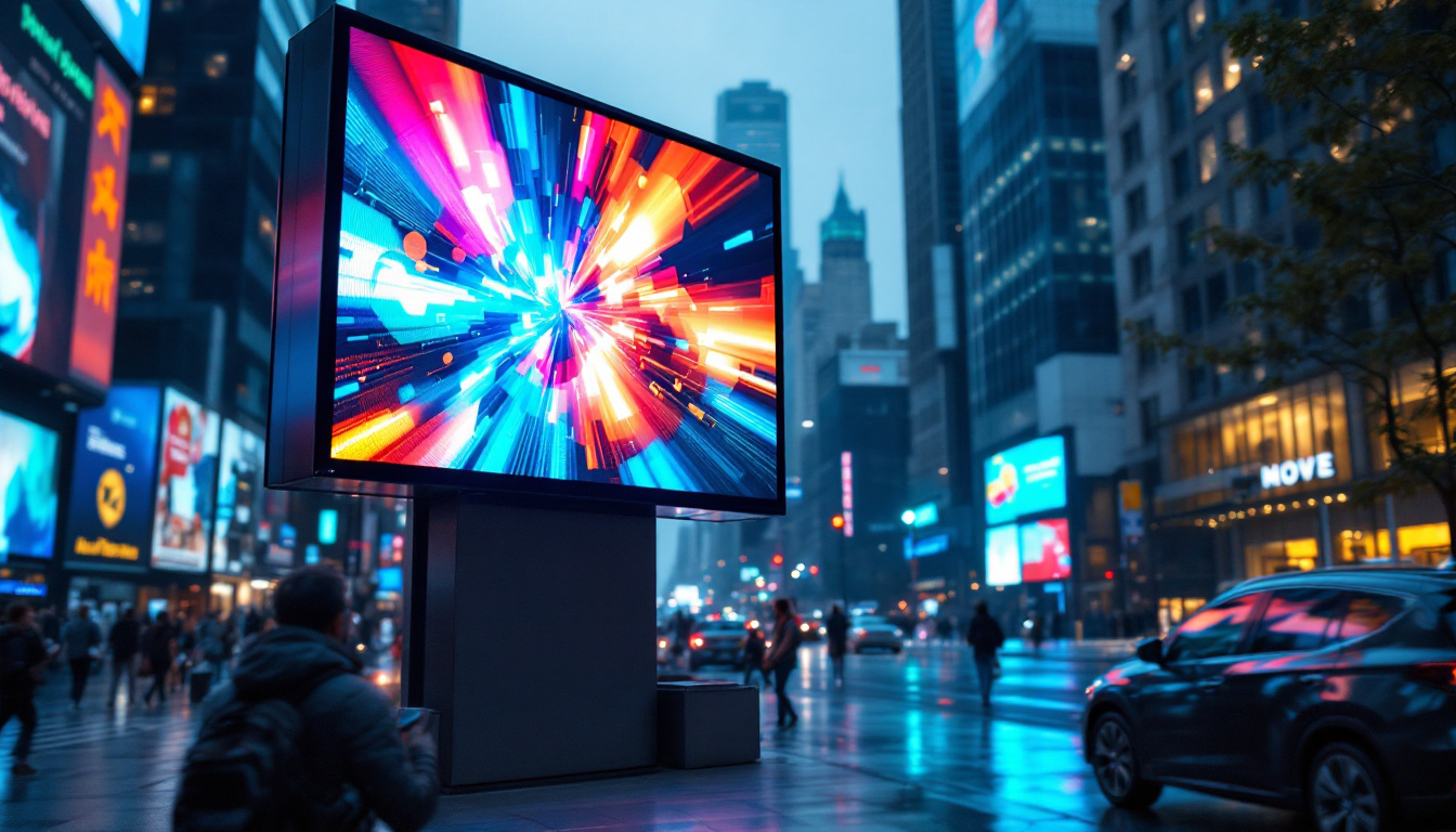 A photograph of a vibrant outdoor led digital billboard displaying dynamic advertisements in a bustling urban setting
