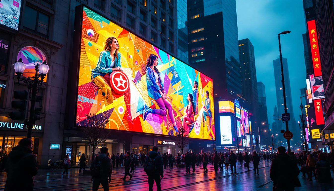 A photograph of a vibrant led display in a dynamic urban setting