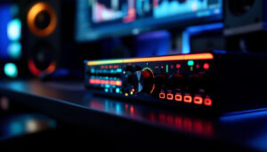 A photograph of capture a photograph of the m audio fast track ultra audio interface with its led display illuminated