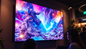 A photograph of a vibrant led display showcasing dynamic video content