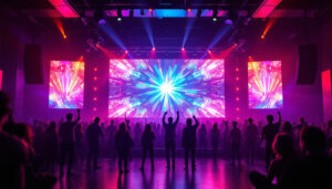 A photograph of a vibrant night club scene featuring a large led display showcasing dynamic visuals and colorful lighting