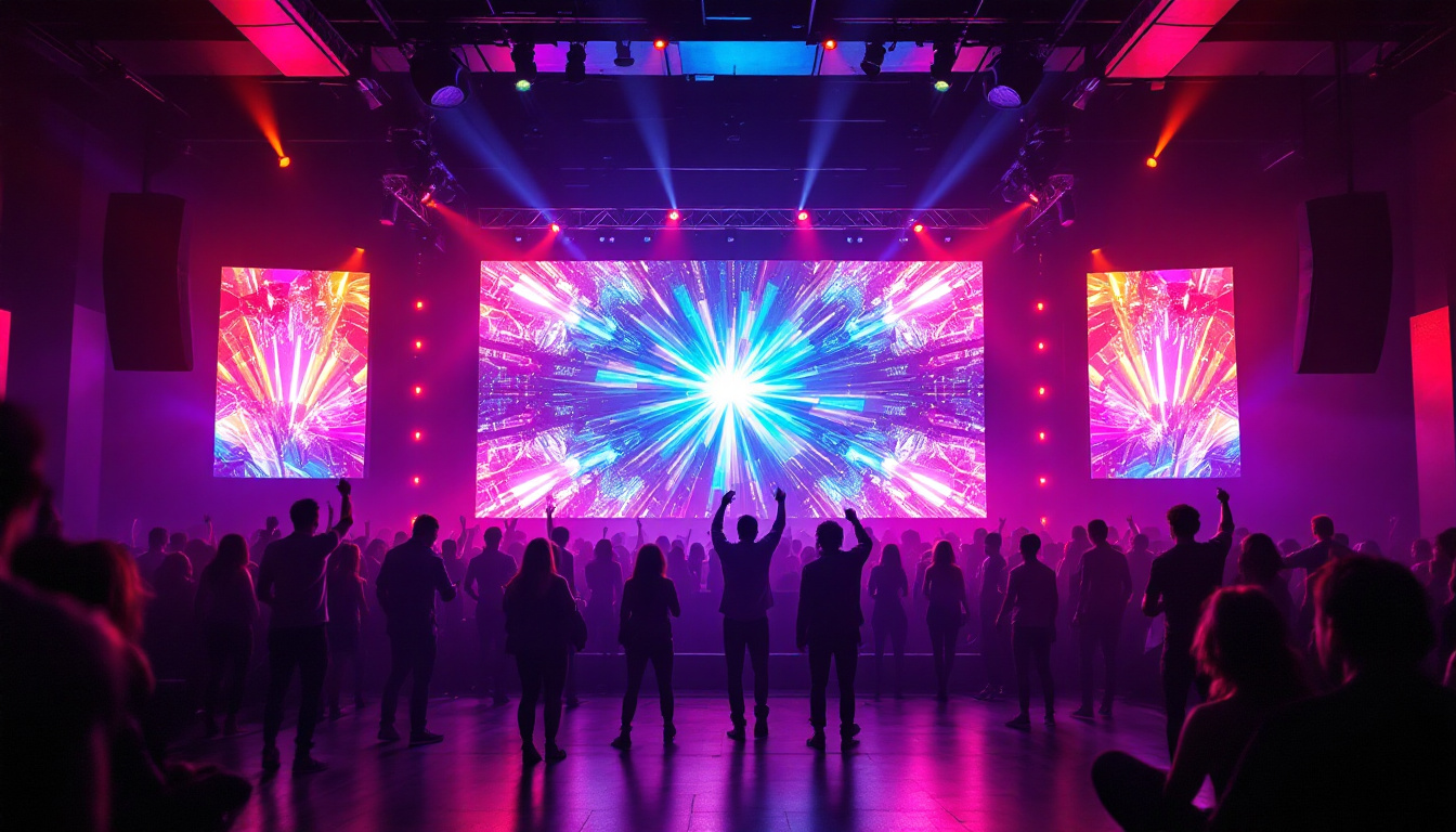 A photograph of a vibrant night club scene featuring a large led display showcasing dynamic visuals and colorful lighting