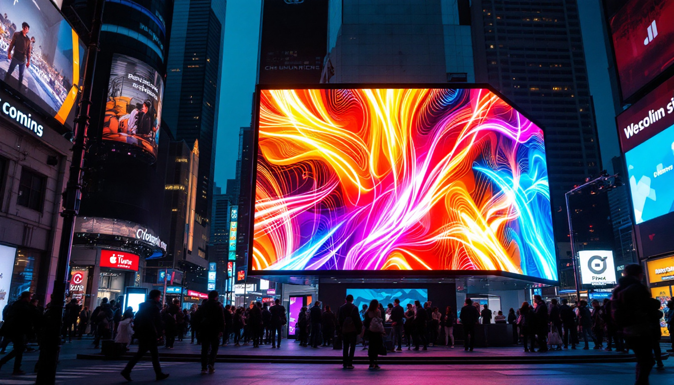 A photograph of a vibrant led display in a bustling urban environment