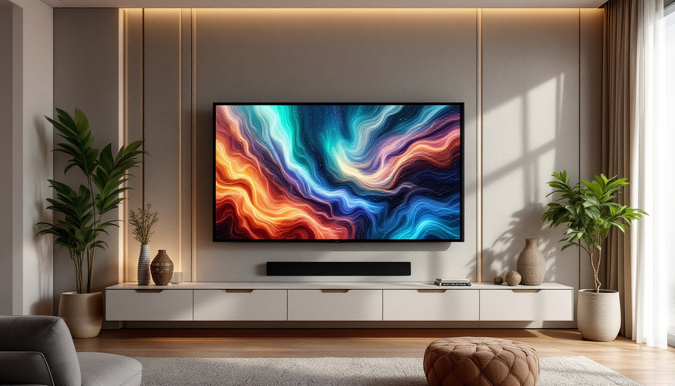 A photograph of a stylish living room featuring a modern tv wall with elegant paneling and an impressive led display