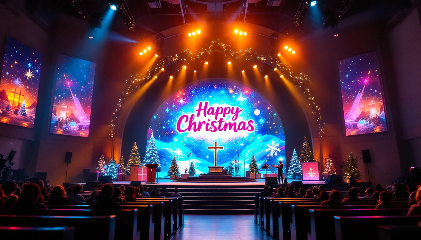 A photograph of a beautifully decorated church stage featuring a vibrant led display