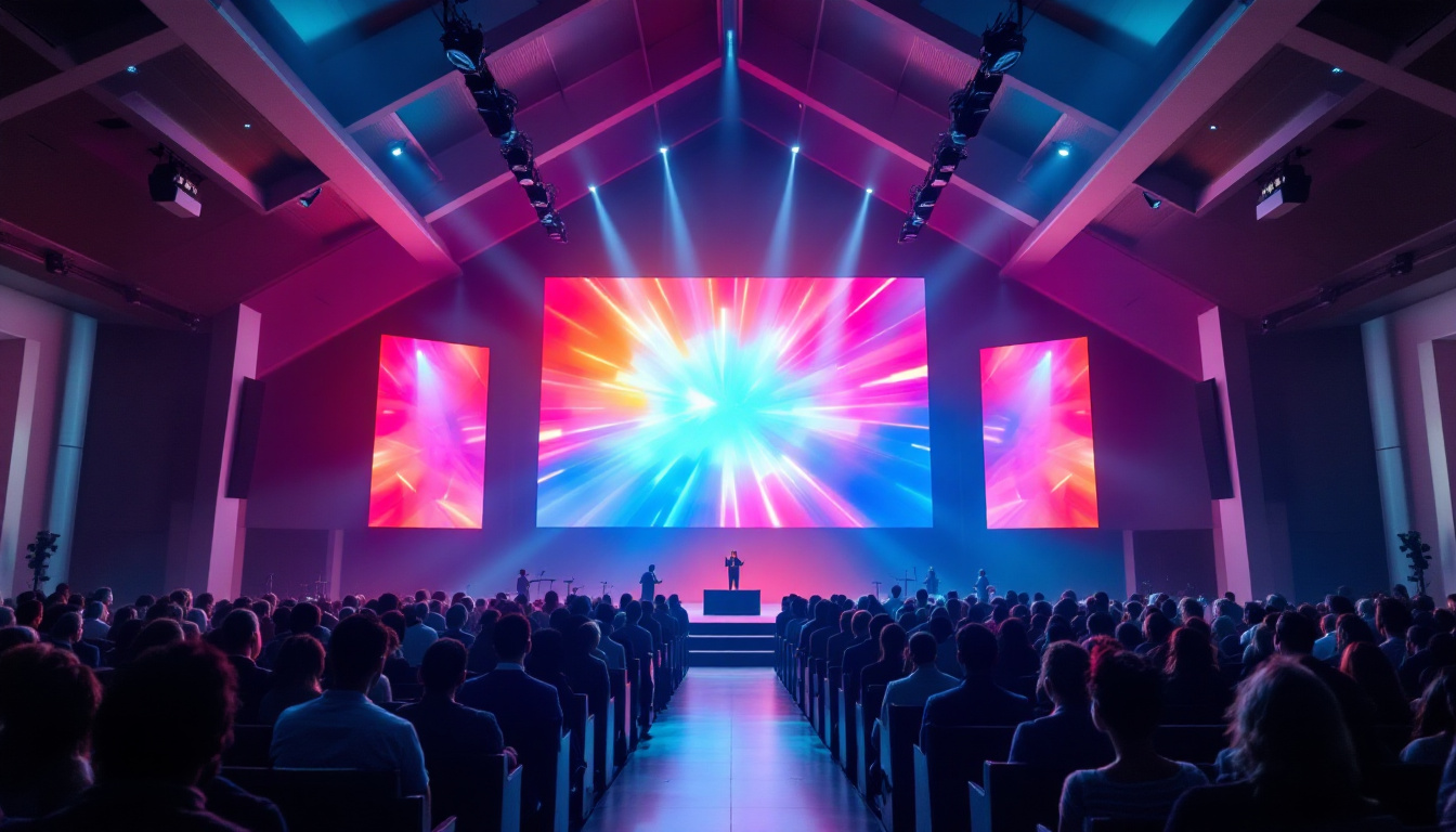 A photograph of a modern church interior featuring a vibrant led display