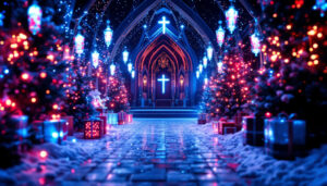 A photograph of capture a photograph of a beautifully designed church christmas set featuring vibrant led displays