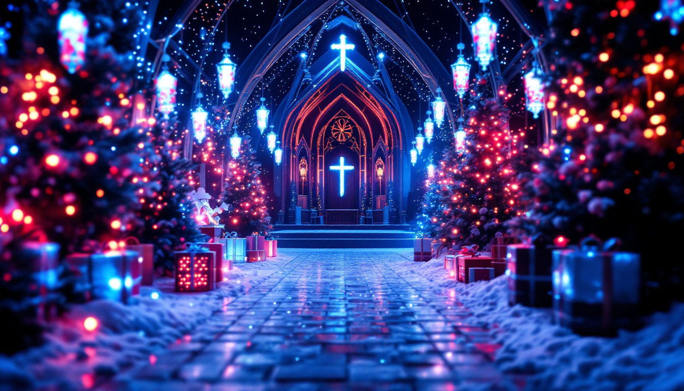 A photograph of capture a photograph of a beautifully designed church christmas set featuring vibrant led displays